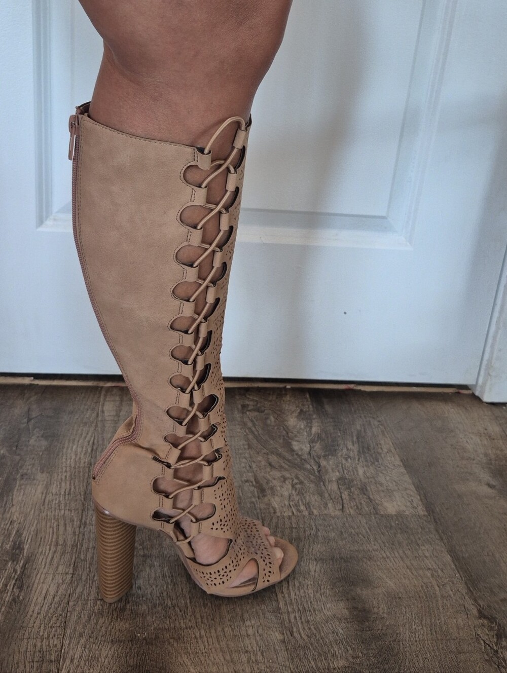 Paprika Taupe Lace-Up Knee-High Peep-Toe Boot